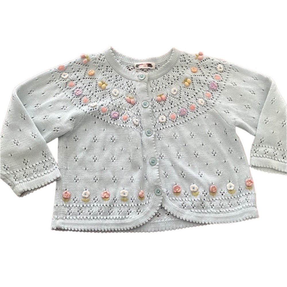 Peda & Mada Blue Knit Cardigan Sweater with floral applications